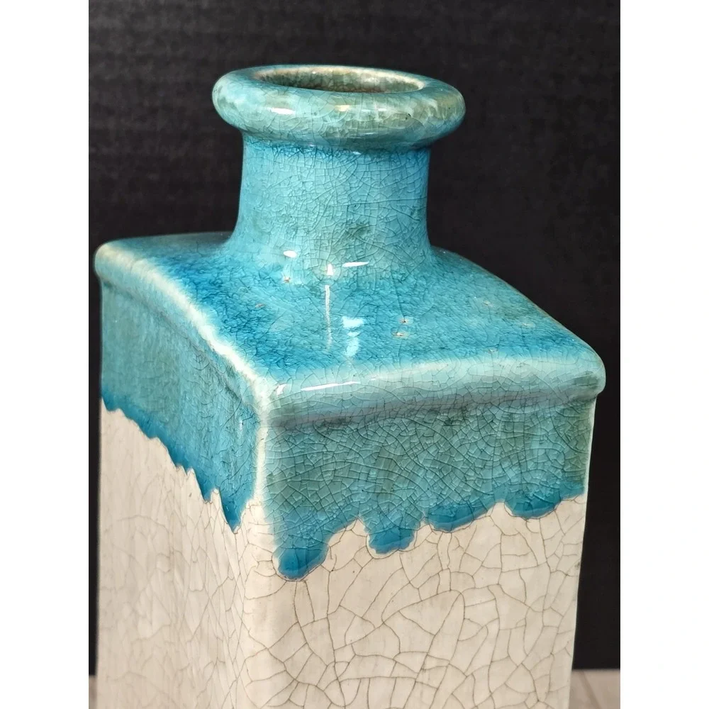 *Vintage Studio Pottery Vase Turquoise Drip Glaze White Crackle Square Modernist